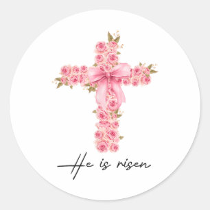 He Is Risen Coquette Bow Floral Cross Faith Easter Classic Round Sticker