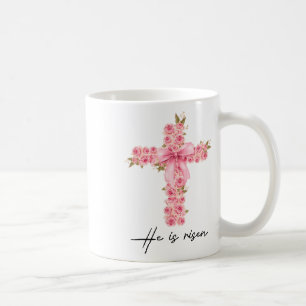 He Is Risen Coquette Bow Floral Cross Faith Easter Coffee Mug