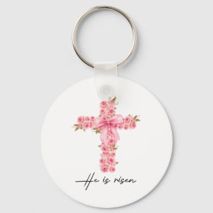 He Is Risen Coquette Bow Floral Cross Faith Easter Key Ring