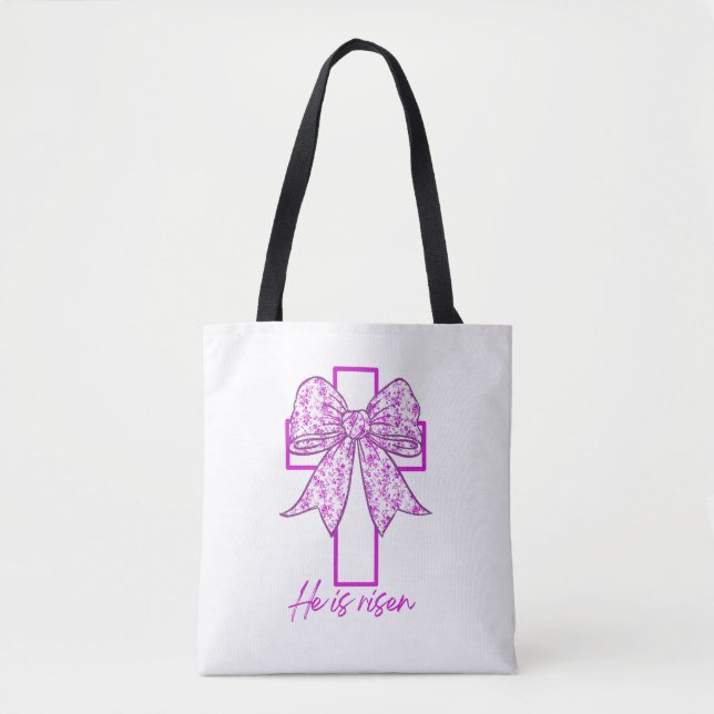 He is Risen, Croquette Bow Pink Floral Tote Bag (Front)