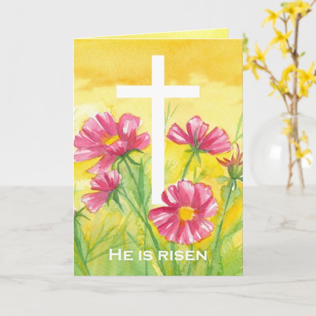 He Is Risen Cross Flowers Religious Christian  Card (Yellow Flower)
