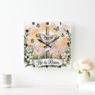 He is Risen Cross Lilies Easter Square Wall Clock