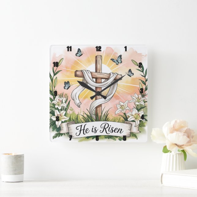 He is Risen Cross Lilies Easter Square Wall Clock (Home)
