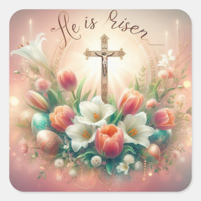 He is Risen Cross with Easter Lilies Square Sticker (Front)