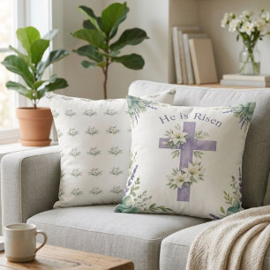 He is Risen Easter 2026 Floral Cross Religious Cushion