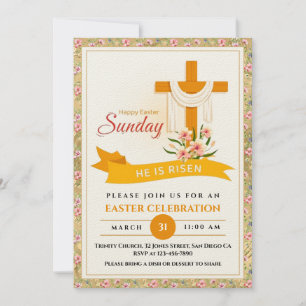He Is Risen Easter Cross, Flowers, Elegant Easter Announcement