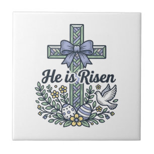 He Is Risen Easter Cross Vintage Vector Ceramic Tile