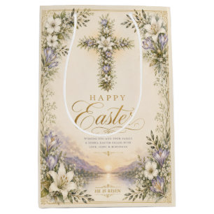 He Is Risen Easter, Elegant Floral Cross Christian Medium Gift Bag