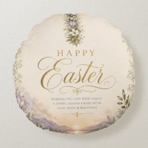 He Is Risen Easter, Elegant Floral Cross Christian Round Cushion