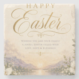 He Is Risen Easter, Elegant Floral Cross Christian Stone Coaster