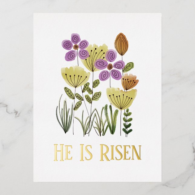 He Is Risen Easter Floral Church Services Foil Holiday Postcard (Front)