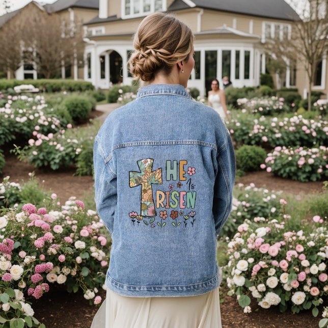 He is Risen Easter Floral Jesus Cross Denim Jacket (Wedding Back)