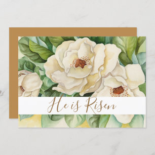 He Is Risen Easter Magnolia Gold Text Floral Holiday Card