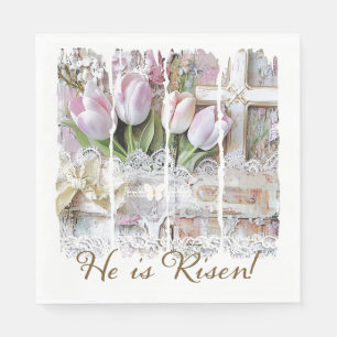 He is Risen Easter Tulip Cross Christian Vintage Napkin