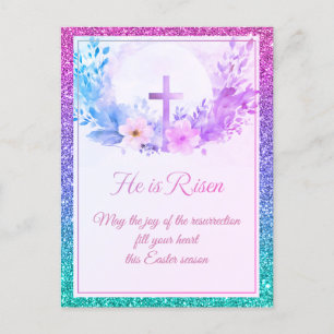 He Is Risen Easter Watercolor Flowers, Religious Holiday Postcard
