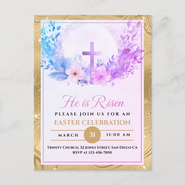 He Is Risen Easter Watercolor Flowers, Religious Holiday Postcard (Front)