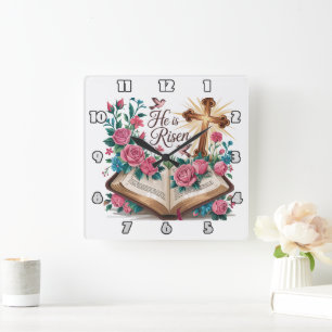 He Is Risen Floral Bible Square Wall Clock