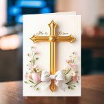 He Is Risen Floral Catholic Cross Religious Easter Holiday Card<br><div class="desc">Celebrate the joy of Easter with this beautifully designed "He Is Risen" Catholic greeting card. Featuring a luxurious gold cross, delicate spring flowers, pastel Easter eggs, and an elegant bow, this folded holiday card is perfect for sharing the message of faith and hope with loved ones. Whether you're sending blessings...</div>