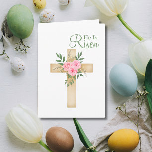 He is Risen Floral Cross Christian Easter Holiday Card
