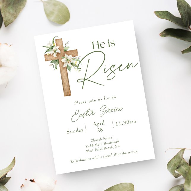 He is Risen Floral Cross Church Easter Service Invitation (Creator Uploaded)