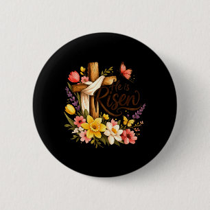 He is Risen Floral Cross Religious Easter 6 Cm Round Badge