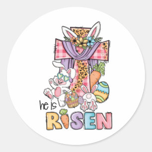 He Is Risen Floral Cross Vintage Happy Easter Day Classic Round Sticker