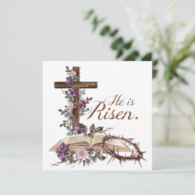He is Risen Floral Cross with Bible Easter Card (Standing Front)