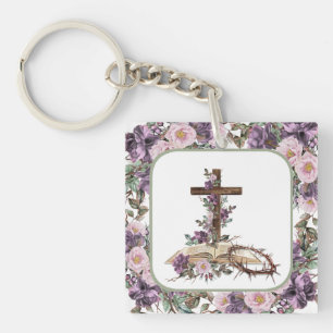 He is Risen Floral Cross with Bible  Keychain