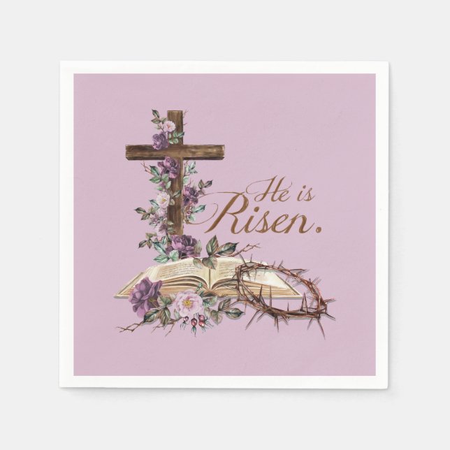 He is Risen Floral Cross with Bible Napkins (Front)