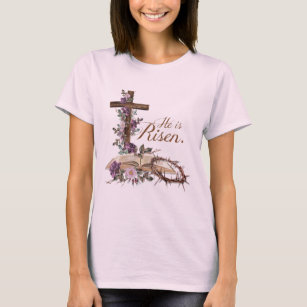 He is Risen Floral Cross with Bible  T-Shirt