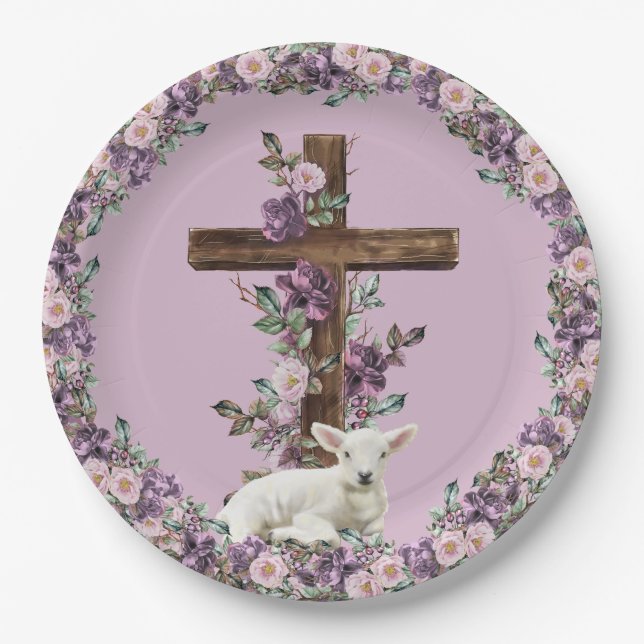 He is Risen Floral Cross with Lamb Paper Plates (Front)