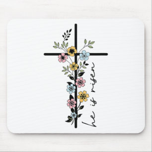 He Is Risen Floral Cross Women Easter Christian Mouse Pad