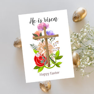 He is risen, floral wood Easter cross, Religious Holiday Card