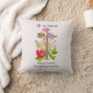 He is risen, floral wood Easter family, Religious Cushion