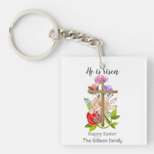 He is risen, floral wood Easter family, Religious  Key Ring