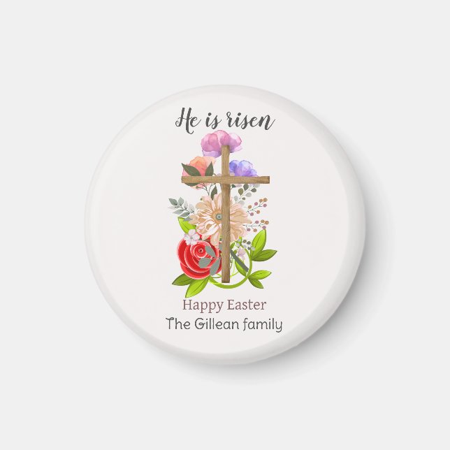 He is risen, floral wood Easter family, Religious Magnet (Front)