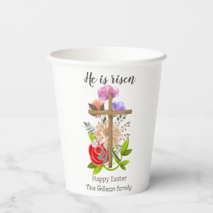 He is risen, floral wood Easter family, Religious Paper Cups