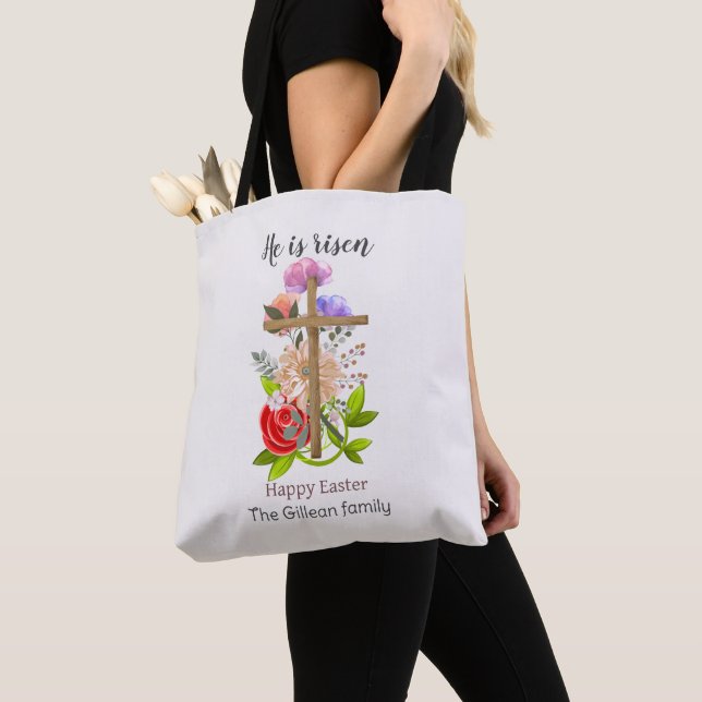He is risen, floral wood Easter family, Religious  Tote Bag (Close Up)