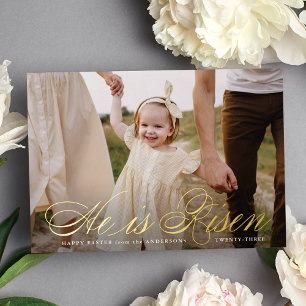 He is Risen Gold Foil Script Photo Easter Card