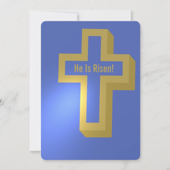 He is Risen Gold Lit Christian Cross Blue Easter Holiday Card (Front)