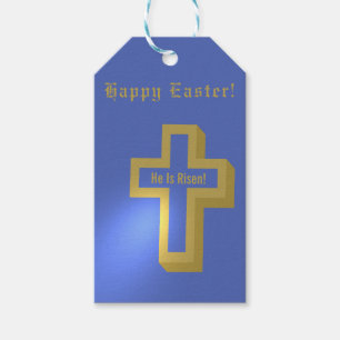 He is Risen Gold Lit Christian Cross Blue Gift Tag