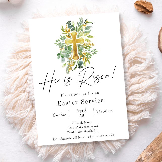 He is Risen Golden Cross Church Easter Service Invitation (Creator Uploaded)