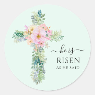 He is Risen Greenery Watercolor Cross Classic Round Sticker