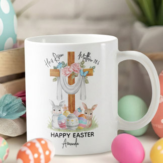 He is Risen Happy Easter Gift with Cross & Bunnies Coffee Mug