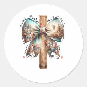 He Is Risen Jesus Coquette Bow Easter Cross Women  Classic Round Sticker