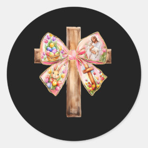 He Is Risen Jesus Coquette Bow Easter Cross Women Classic Round Sticker