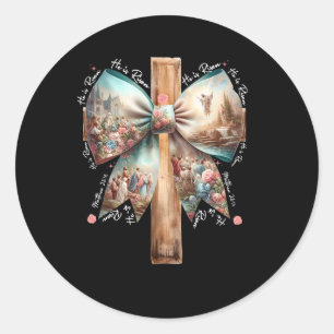 He Is Risen Jesus Coquette Bow Easter Cross Women Classic Round Sticker