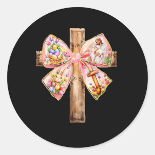 He Is Risen Jesus Coquette Bow Easter Cross Women Classic Round Sticker