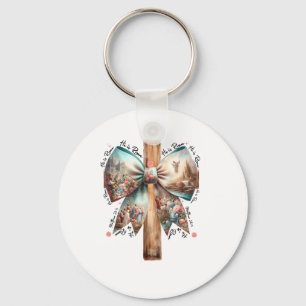 He Is Risen Jesus Coquette Bow Easter Cross Women Key Ring