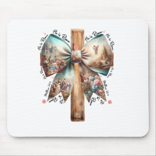 He Is Risen Jesus Coquette Bow Easter Cross Women  Mouse Pad